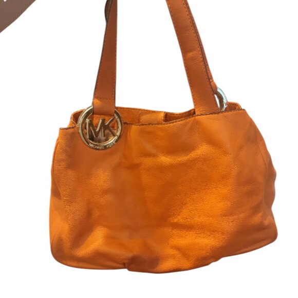 Michael Kors Fulton East West Orange Pebbled Leather Tote Divided Pocket Handbag - Picture 1 of 16